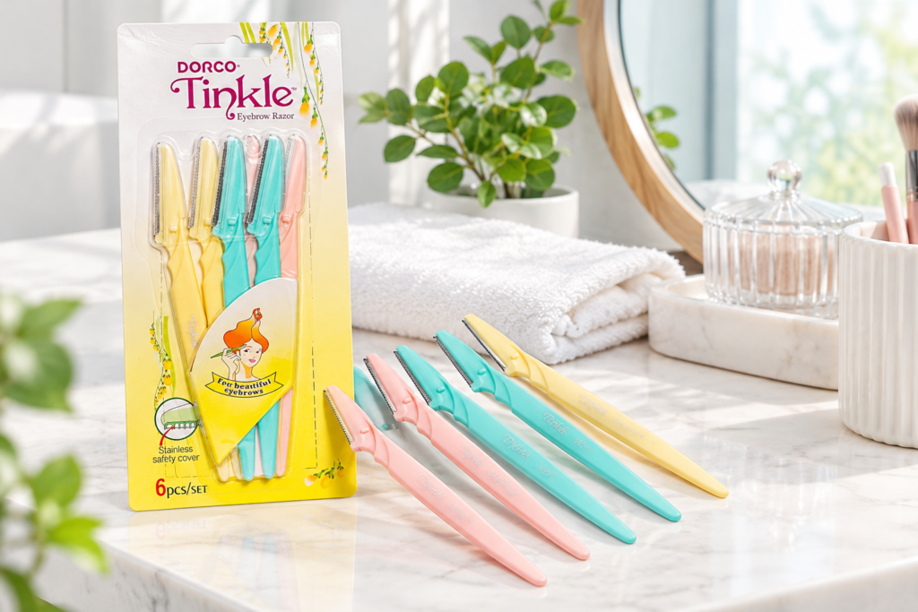 Tinkle Eyebrow Razors in a Spa Vanity